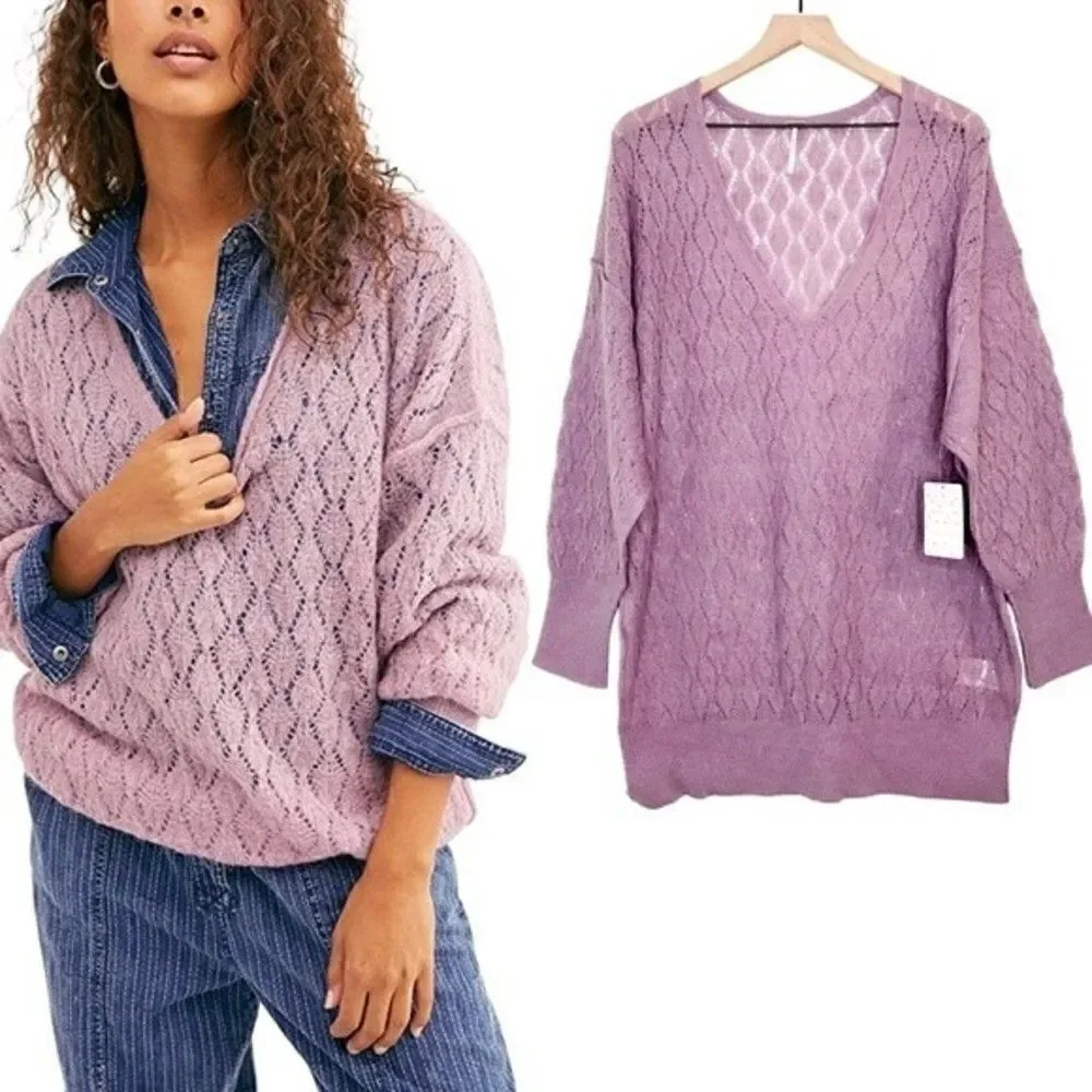 New! Free People Say Hello Wool Alpaca Knit Open Stitch Oversized Sweater